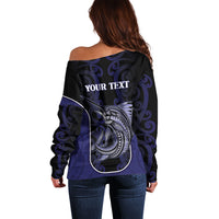 Personalised New Zealand Aotearoa Off Shoulder Sweater Blue Marlin Fishing Maori Pattern LT05 - Polynesian Pride