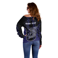 Personalised New Zealand Aotearoa Off Shoulder Sweater Blue Marlin Fishing Maori Pattern LT05 - Polynesian Pride