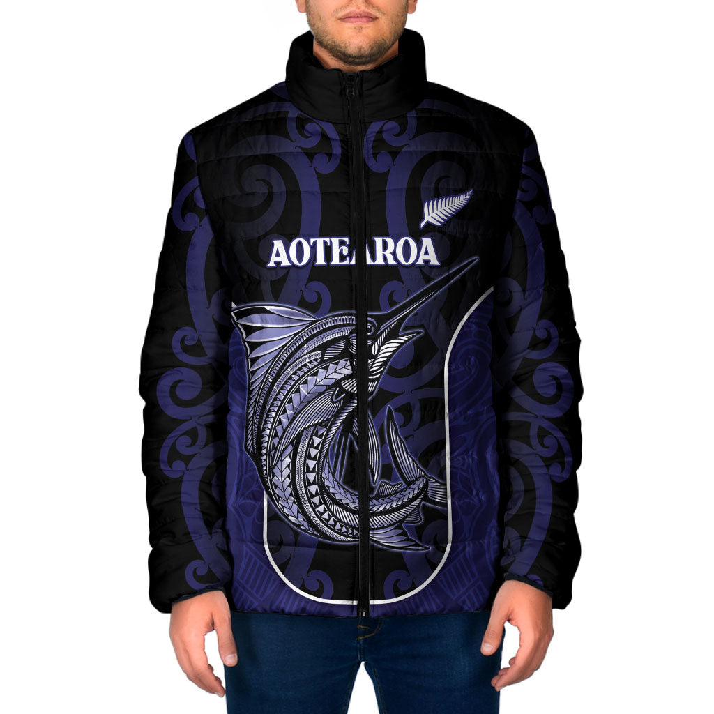 Personalised New Zealand Aotearoa Padded Jacket Blue Marlin Fishing Maori Pattern LT05 Men Black - Polynesian Pride