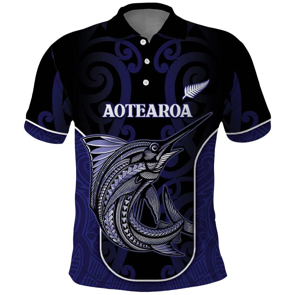 Personalised New Zealand Aotearoa Polo Shirt Blue Marlin Fishing Maori Pattern