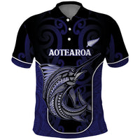 Personalised New Zealand Aotearoa Polo Shirt Blue Marlin Fishing Maori Pattern LT05 Black - Polynesian Pride