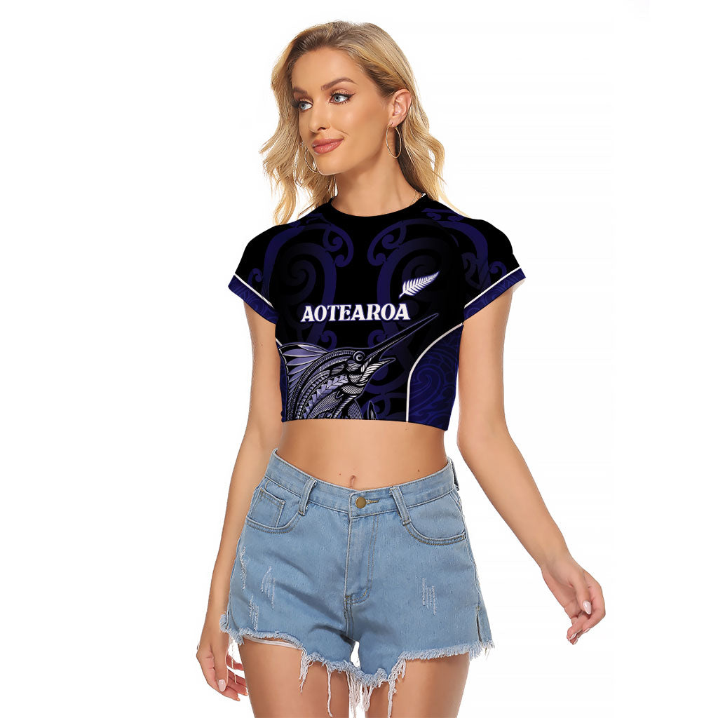 Personalised New Zealand Aotearoa Raglan Cropped T Shirt Blue Marlin Fishing Maori Pattern LT05 Female Black - Polynesian Pride