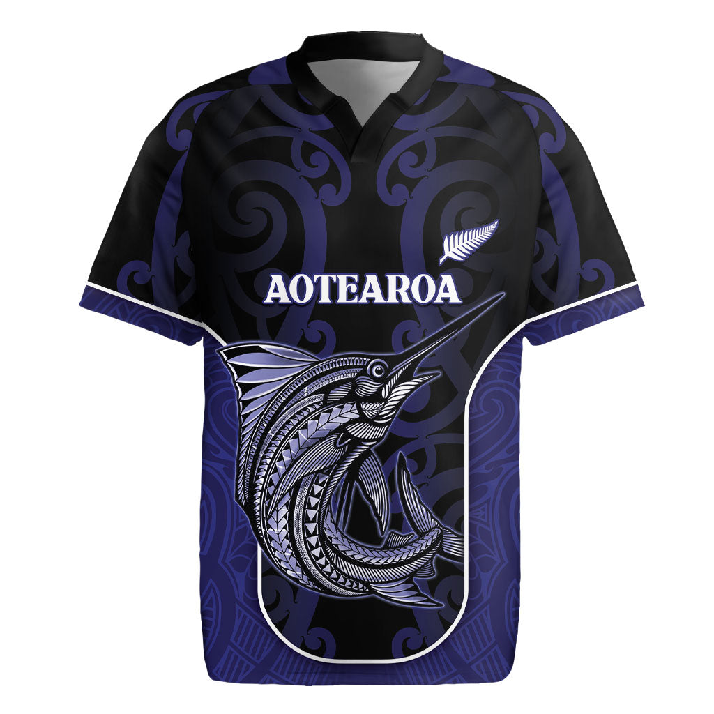 Personalised New Zealand Aotearoa Rugby Jersey Blue Marlin Fishing Maori Pattern