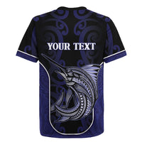 Personalised New Zealand Aotearoa Rugby Jersey Blue Marlin Fishing Maori Pattern