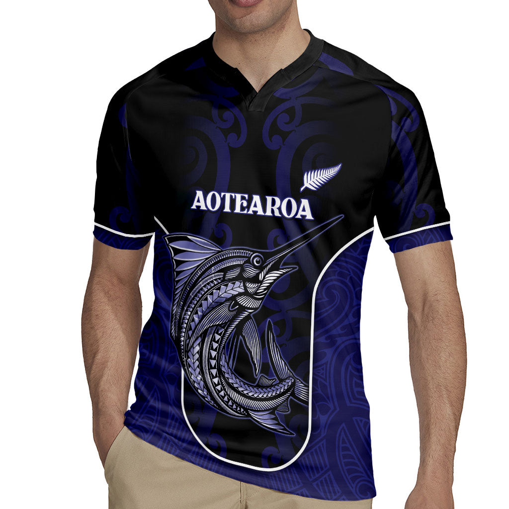 Personalised New Zealand Aotearoa Rugby Jersey Blue Marlin Fishing Maori Pattern