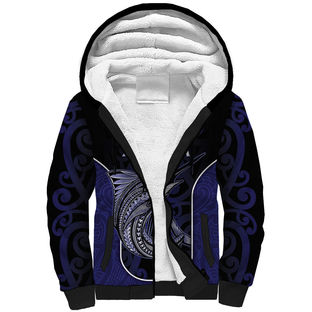 Personalised New Zealand Aotearoa Sherpa Hoodie Blue Marlin Fishing Maori Pattern LT05 Unisex Black - Polynesian Pride
