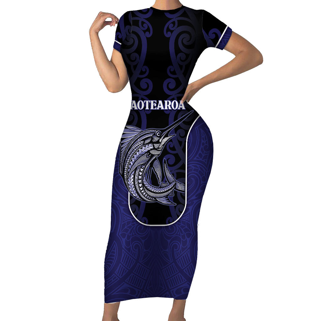 Personalised New Zealand Aotearoa Short Sleeve Bodycon Dress Blue Marlin Fishing Maori Pattern LT05 Long Dress Black - Polynesian Pride