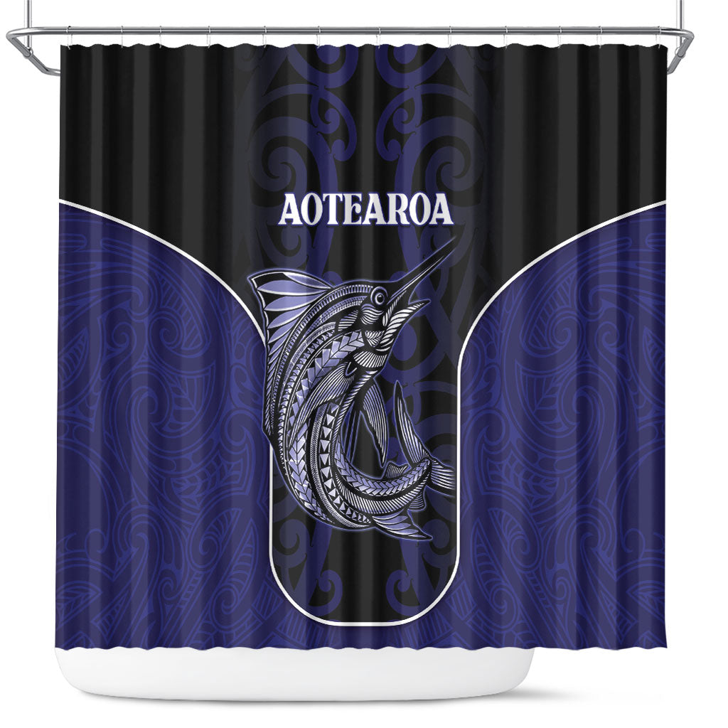 New Zealand Aotearoa Shower Curtain Blue Marlin Fishing Maori Pattern LT05 Black - Polynesian Pride