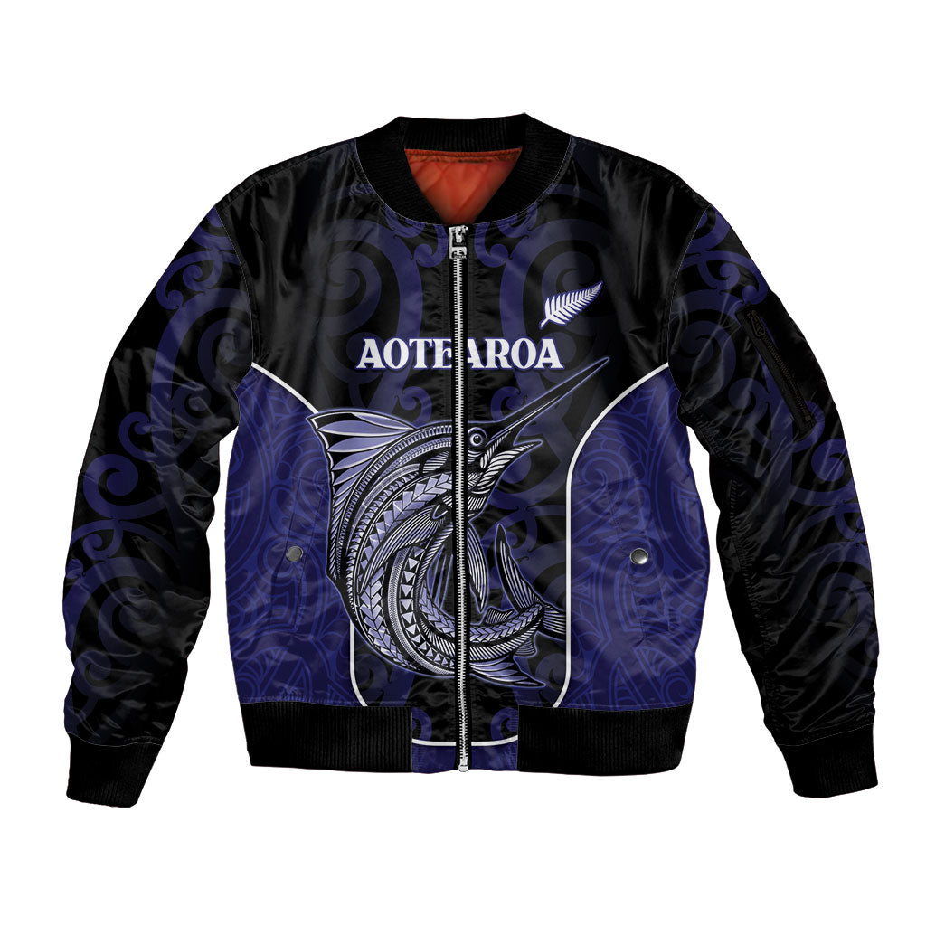 Personalised New Zealand Aotearoa Sleeve Zip Bomber Jacket Blue Marlin Fishing Maori Pattern LT05 Unisex Black - Polynesian Pride