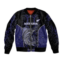 Personalised New Zealand Aotearoa Sleeve Zip Bomber Jacket Blue Marlin Fishing Maori Pattern LT05 Unisex Black - Polynesian Pride