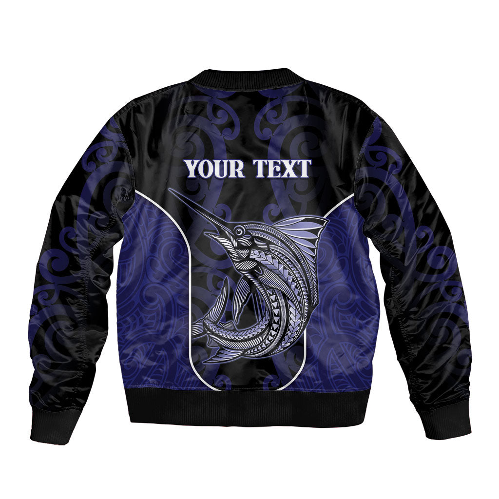 Personalised New Zealand Aotearoa Sleeve Zip Bomber Jacket Blue Marlin Fishing Maori Pattern LT05 - Polynesian Pride