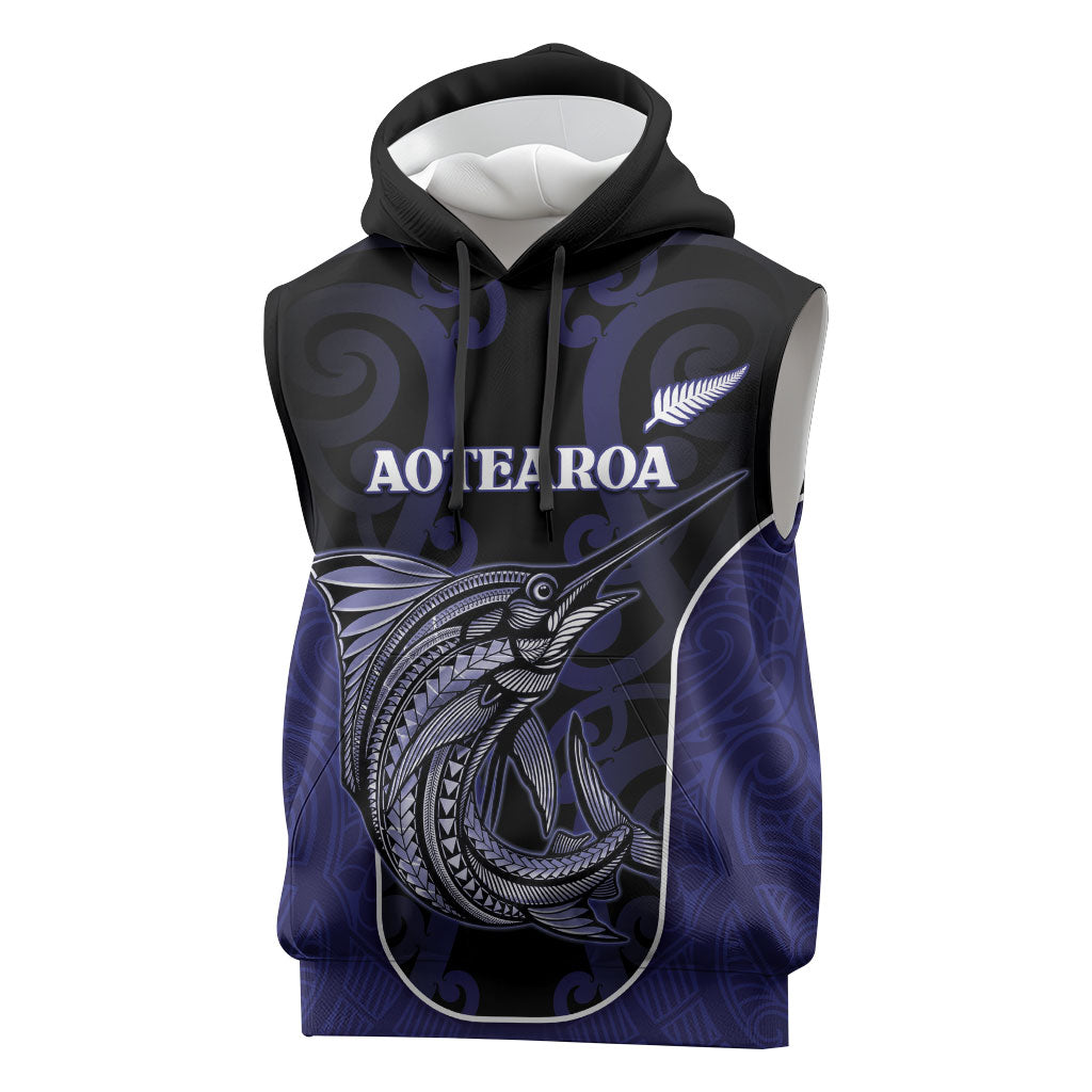 Personalised New Zealand Aotearoa Sleeveless Hoodie Blue Marlin Fishing Maori Pattern LT05 Black - Polynesian Pride