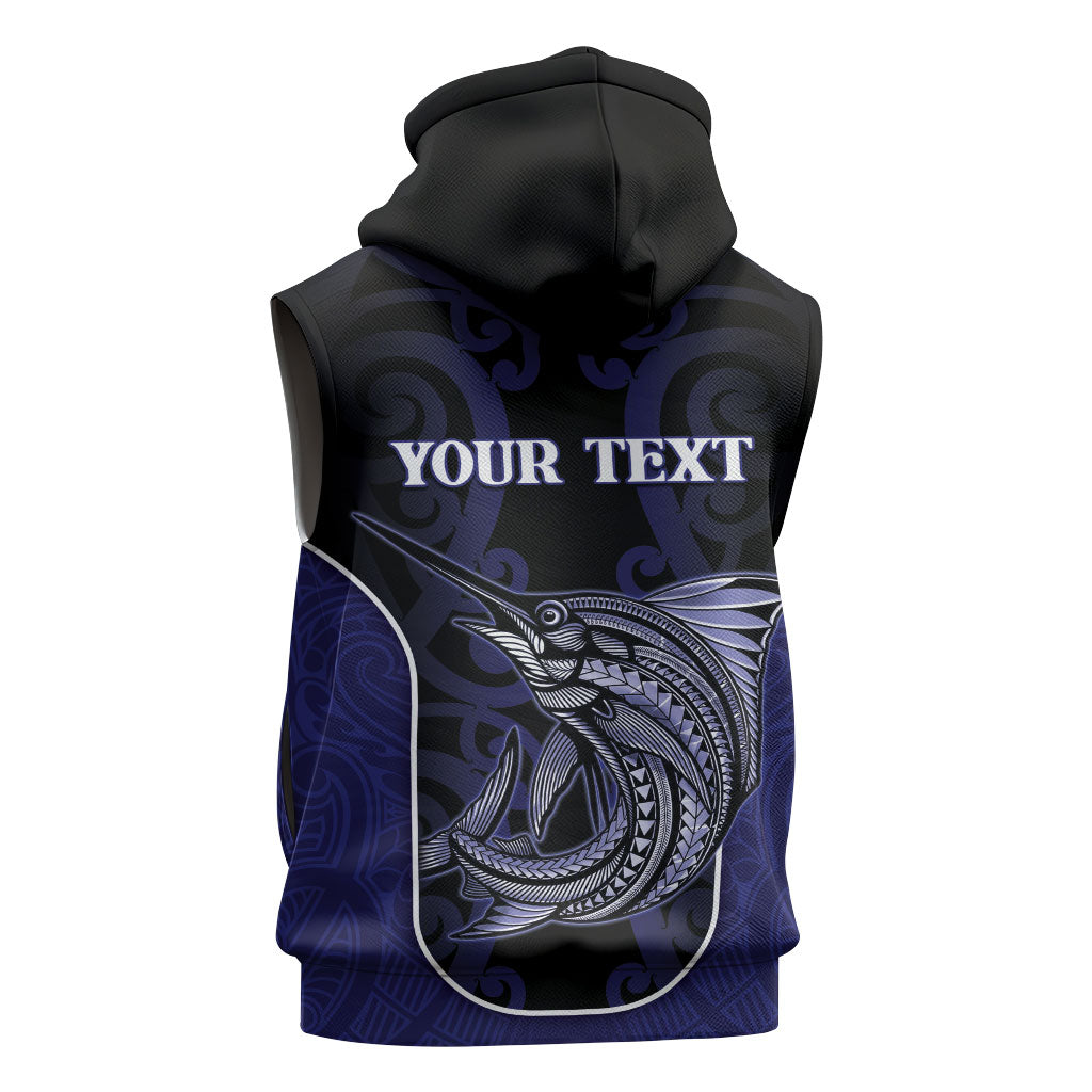 Personalised New Zealand Aotearoa Sleeveless Hoodie Blue Marlin Fishing Maori Pattern LT05 - Polynesian Pride