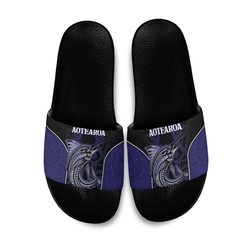 New Zealand Aotearoa Slide Sandals Blue Marlin Fishing Maori Pattern LT05 Black - Polynesian Pride