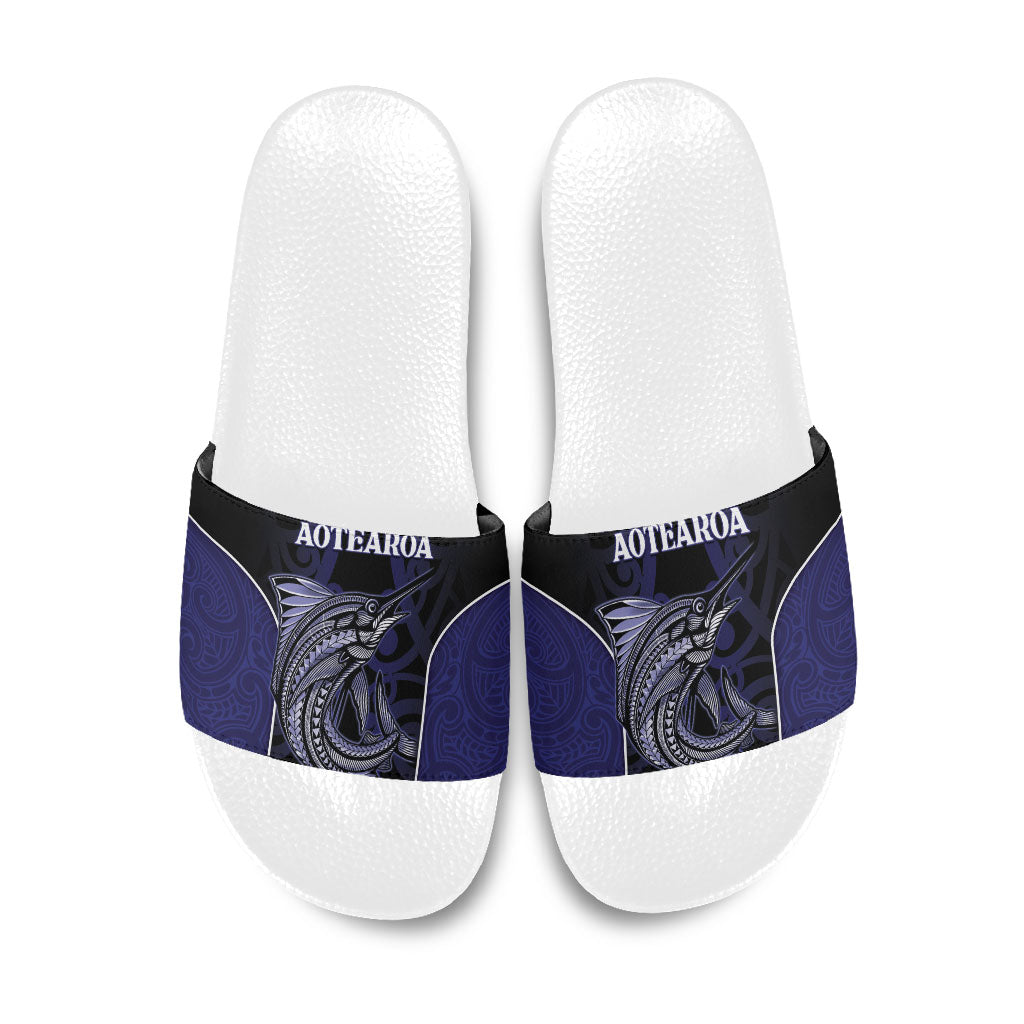 New Zealand Aotearoa Slide Sandals Blue Marlin Fishing Maori Pattern LT05 Black - Polynesian Pride