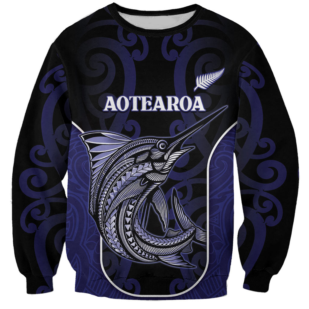 Personalised New Zealand Aotearoa Sweatshirt Blue Marlin Fishing Maori Pattern LT05 Unisex Black - Polynesian Pride