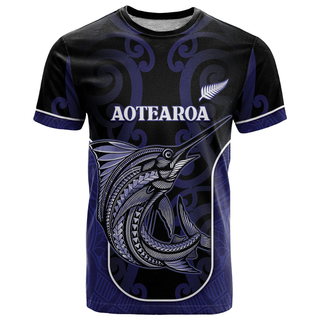 Personalised New Zealand Aotearoa T Shirt Blue Marlin Fishing Maori Pattern LT05 Black - Polynesian Pride