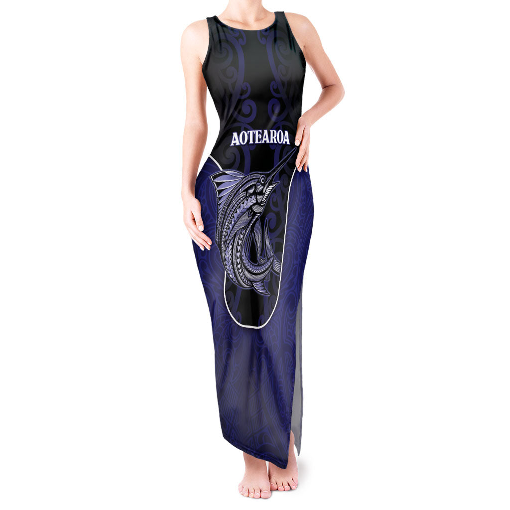 Personalised New Zealand Aotearoa Tank Maxi Dress Blue Marlin Fishing Maori Pattern LT05 Women Black - Polynesian Pride