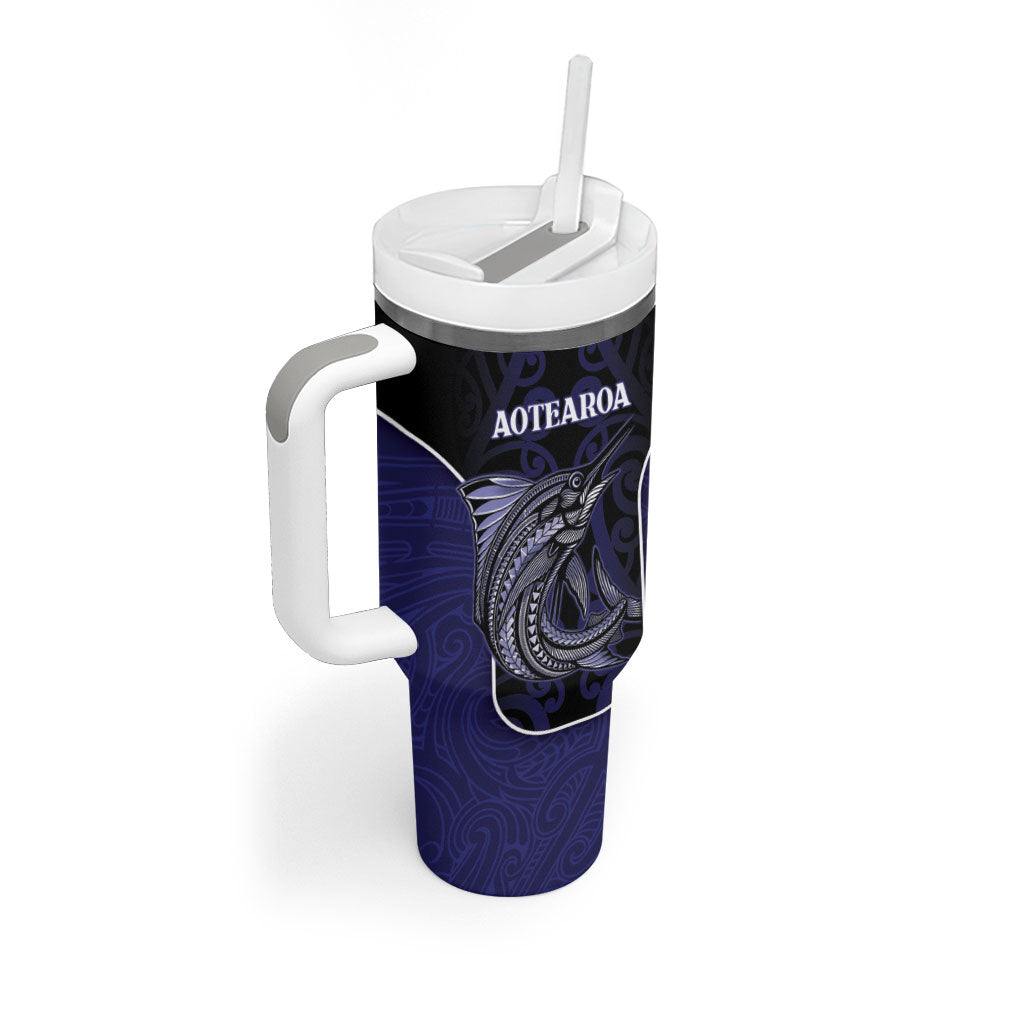 Personalised New Zealand Aotearoa Tumbler With Handle Blue Marlin Fishing Maori Pattern