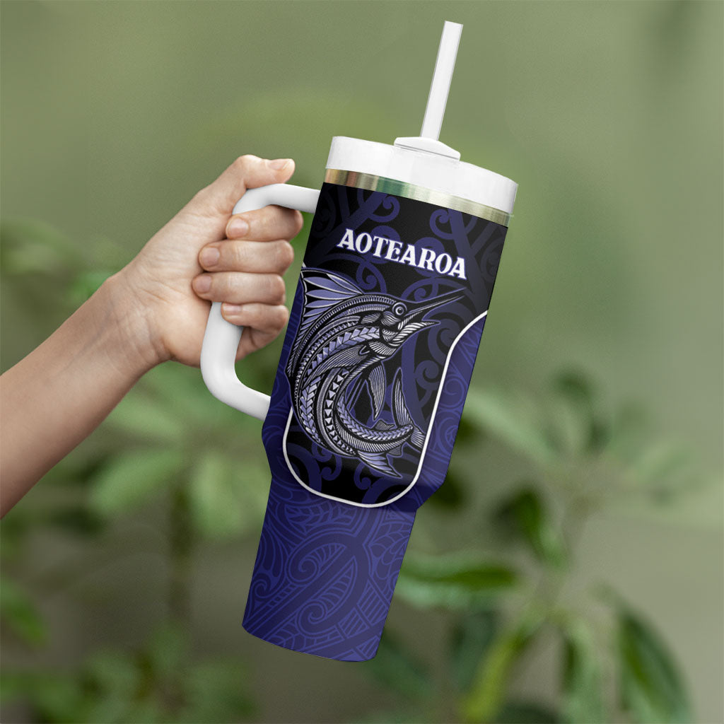 Personalised New Zealand Aotearoa Tumbler With Handle Blue Marlin Fishing Maori Pattern