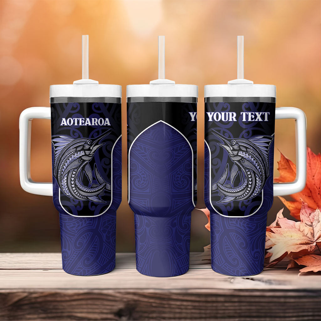 Personalised New Zealand Aotearoa Tumbler With Handle Blue Marlin Fishing Maori Pattern