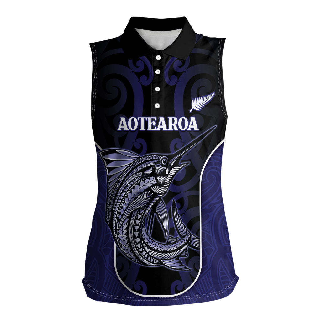 Personalised New Zealand Aotearoa Women Sleeveless Polo Shirt Blue Marlin Fishing Maori Pattern LT05 Female Black - Polynesian Pride