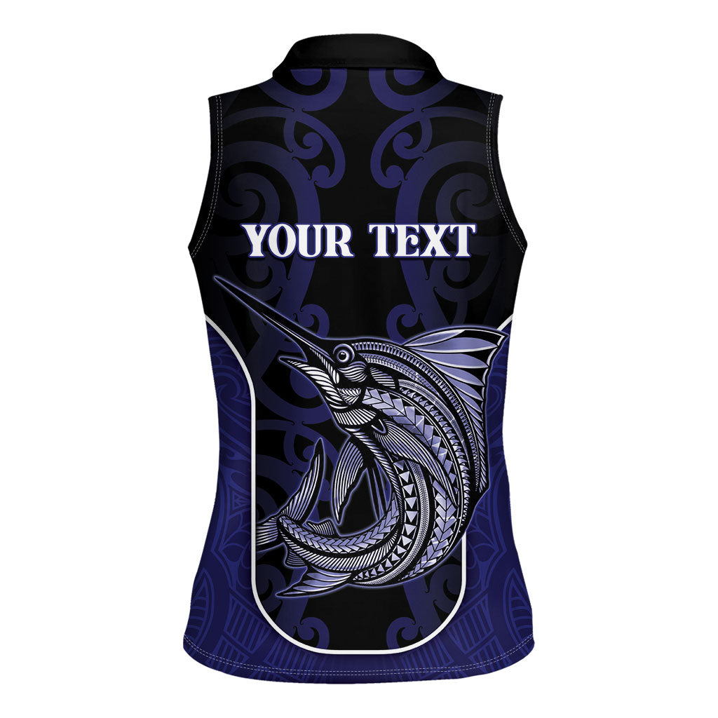 Personalised New Zealand Aotearoa Women Sleeveless Polo Shirt Blue Marlin Fishing Maori Pattern