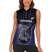 Personalised New Zealand Aotearoa Women Sleeveless Polo Shirt Blue Marlin Fishing Maori Pattern