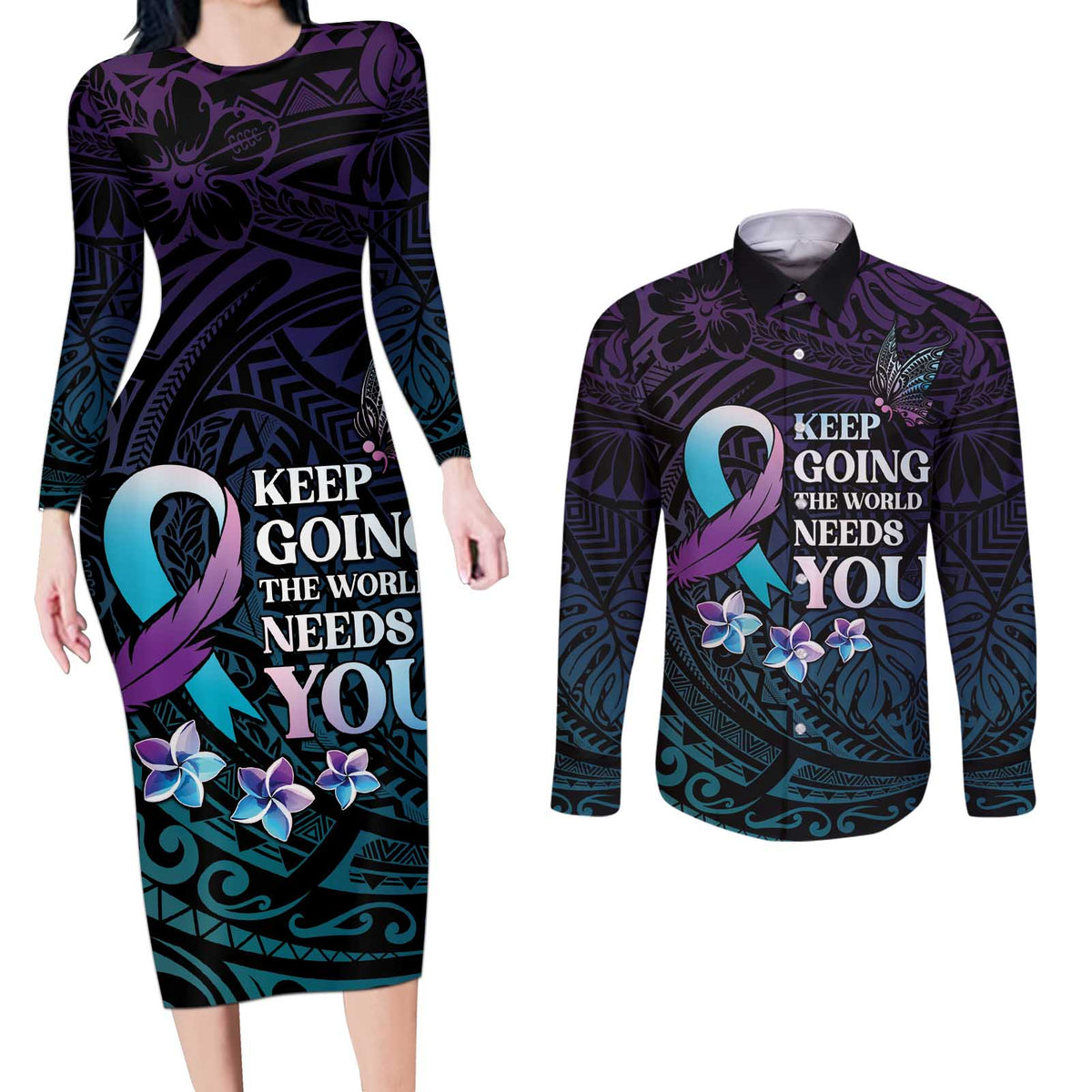 Polynesia Suicide Prevention Awareness Couples Matching Long Sleeve Bodycon Dress and Long Sleeve Button Shirt Keep Going The World Needs You LT05 Purple - Polynesian Pride