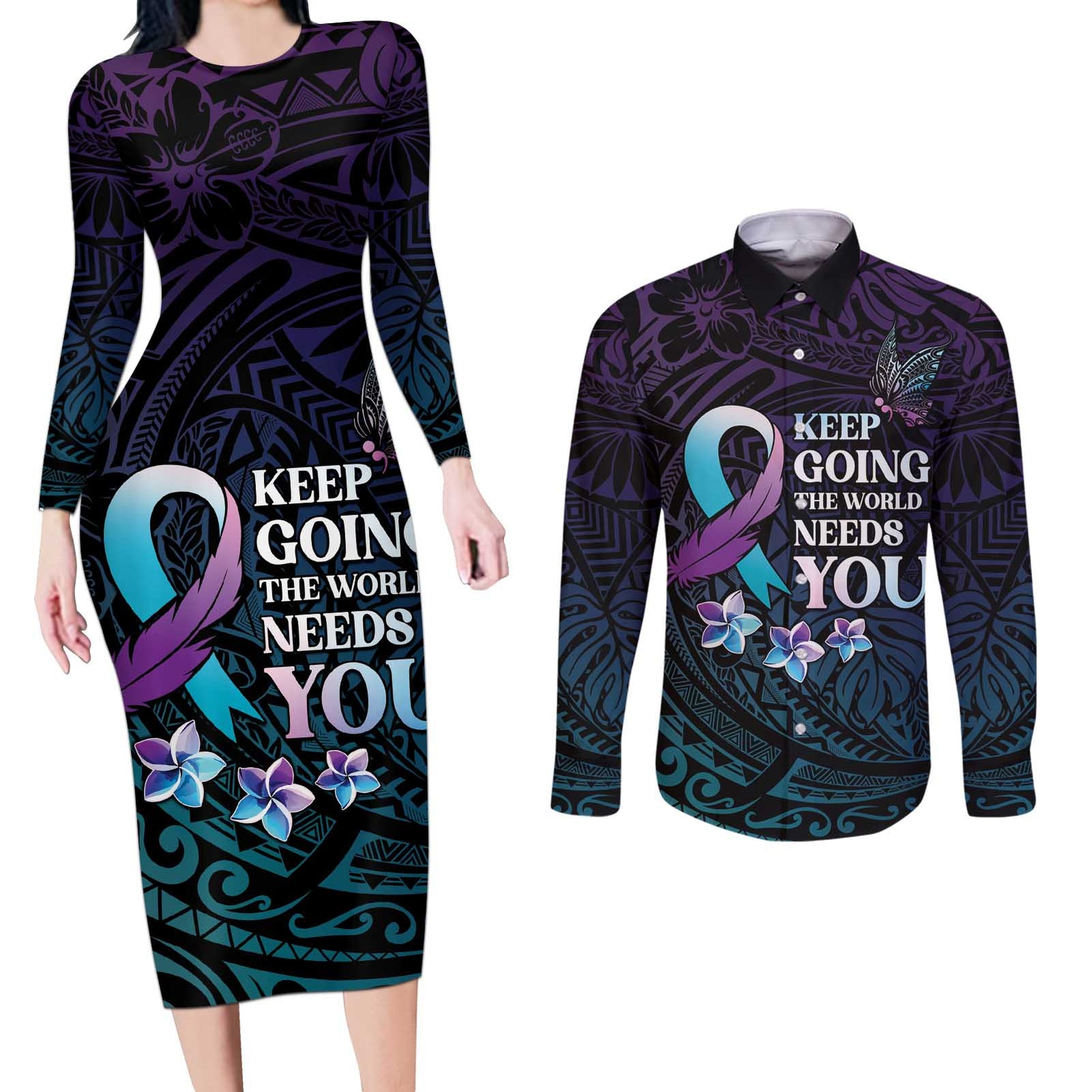 Polynesia Suicide Prevention Awareness Couples Matching Long Sleeve Bodycon Dress and Long Sleeve Button Shirt Keep Going The World Needs You LT05 Purple - Polynesian Pride
