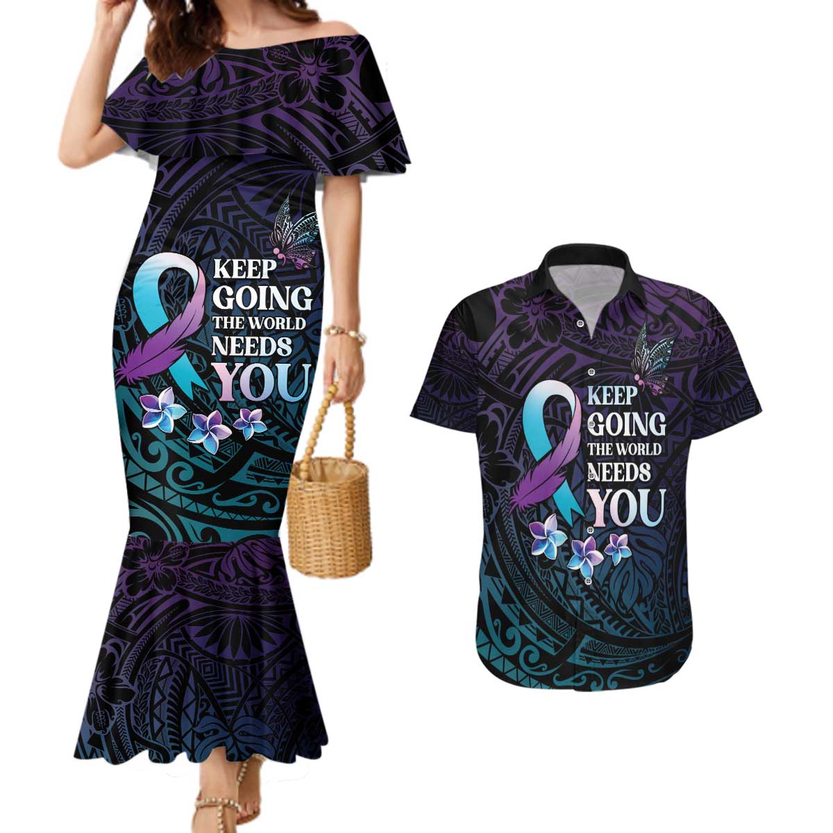 Polynesia Suicide Prevention Awareness Couples Matching Mermaid Dress and Hawaiian Shirt Keep Going The World Needs You