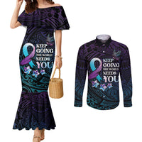 Polynesia Suicide Prevention Awareness Couples Matching Mermaid Dress and Long Sleeve Button Shirt Keep Going The World Needs You LT05 Purple - Polynesian Pride