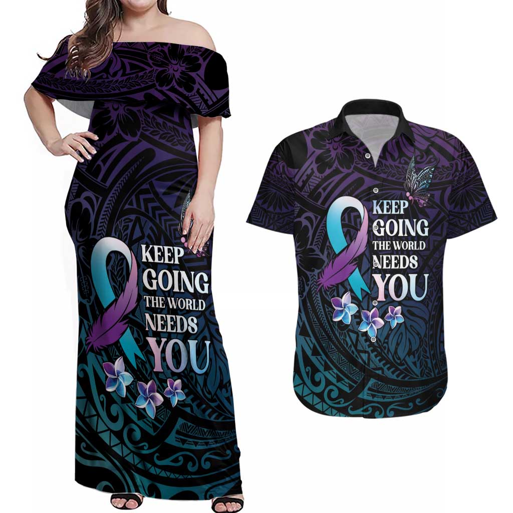 Polynesia Suicide Prevention Awareness Couples Matching Off Shoulder Maxi Dress and Hawaiian Shirt Keep Going The World Needs You