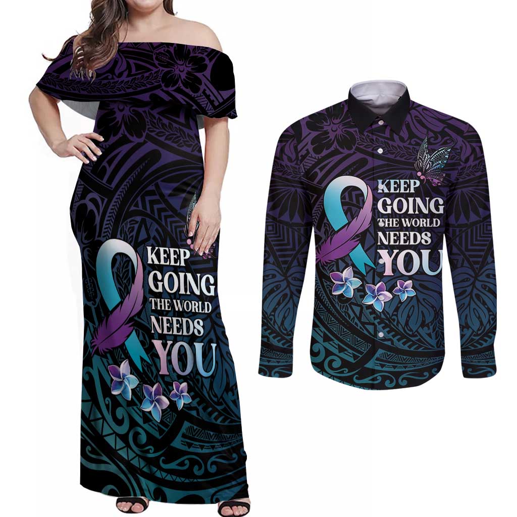 Polynesia Suicide Prevention Awareness Couples Matching Off Shoulder Maxi Dress and Long Sleeve Button Shirt Keep Going The World Needs You LT05 Purple - Polynesian Pride