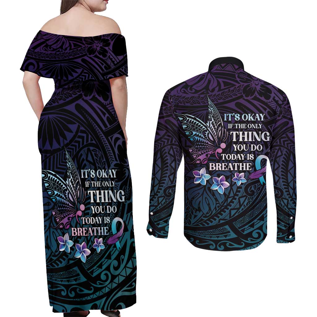Polynesia Suicide Prevention Awareness Couples Matching Off Shoulder Maxi Dress and Long Sleeve Button Shirt Keep Going The World Needs You LT05 - Polynesian Pride