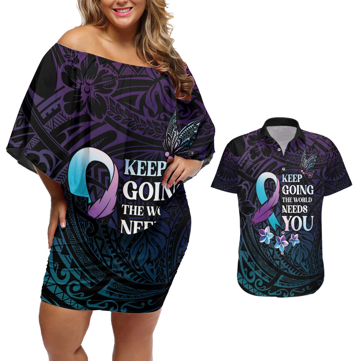 Polynesia Suicide Prevention Awareness Couples Matching Off Shoulder Short Dress and Hawaiian Shirt Keep Going The World Needs You LT05 Purple - Polynesian Pride