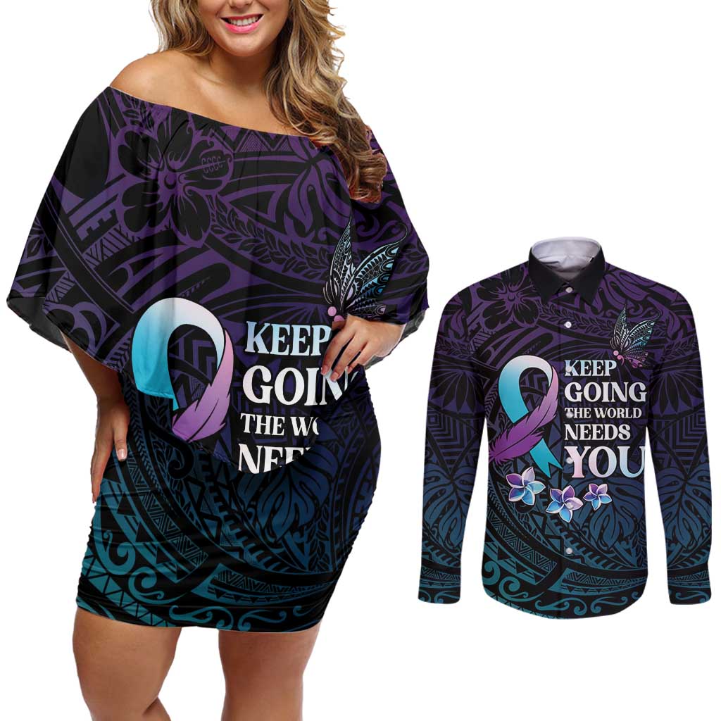 Polynesia Suicide Prevention Awareness Couples Matching Off Shoulder Short Dress and Long Sleeve Button Shirt Keep Going The World Needs You LT05 Purple - Polynesian Pride