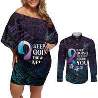 Polynesia Suicide Prevention Awareness Couples Matching Off Shoulder Short Dress and Long Sleeve Button Shirt Keep Going The World Needs You LT05 Purple - Polynesian Pride