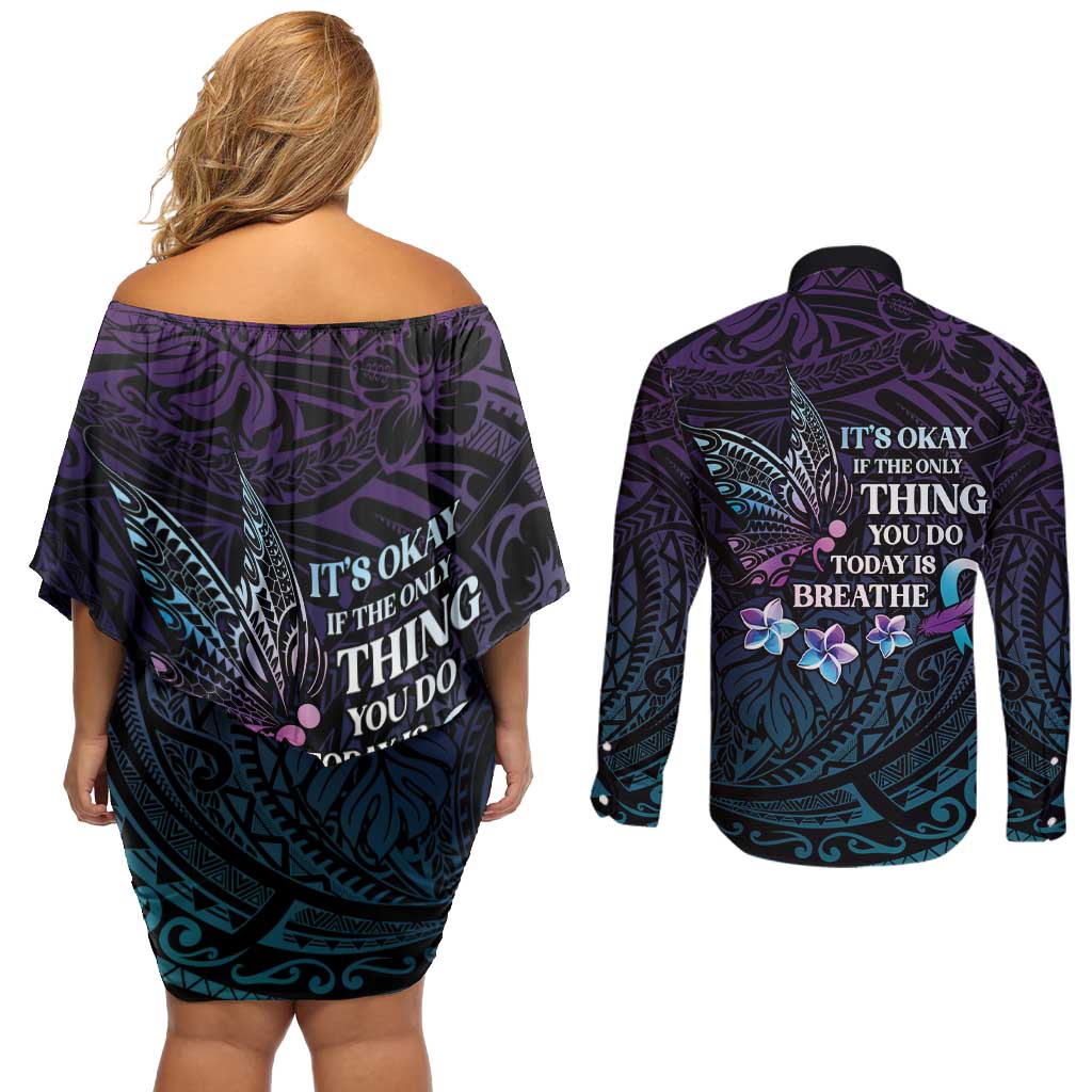 Polynesia Suicide Prevention Awareness Couples Matching Off Shoulder Short Dress and Long Sleeve Button Shirt Keep Going The World Needs You LT05 - Polynesian Pride