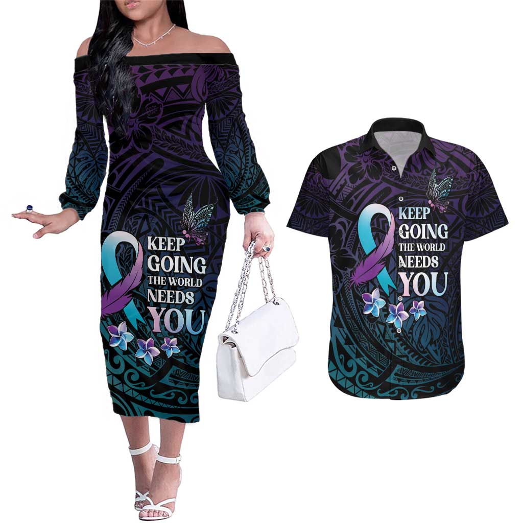 Polynesia Suicide Prevention Awareness Couples Matching Off The Shoulder Long Sleeve Dress and Hawaiian Shirt Keep Going The World Needs You LT05 Purple - Polynesian Pride