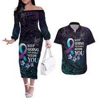 Polynesia Suicide Prevention Awareness Couples Matching Off The Shoulder Long Sleeve Dress and Hawaiian Shirt Keep Going The World Needs You LT05 Purple - Polynesian Pride