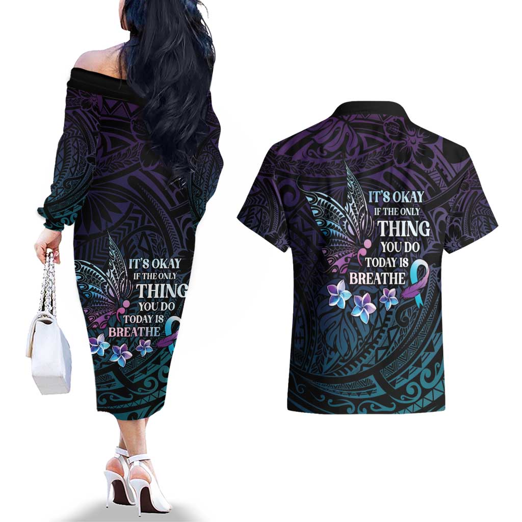 Polynesia Suicide Prevention Awareness Couples Matching Off The Shoulder Long Sleeve Dress and Hawaiian Shirt Keep Going The World Needs You LT05 - Polynesian Pride