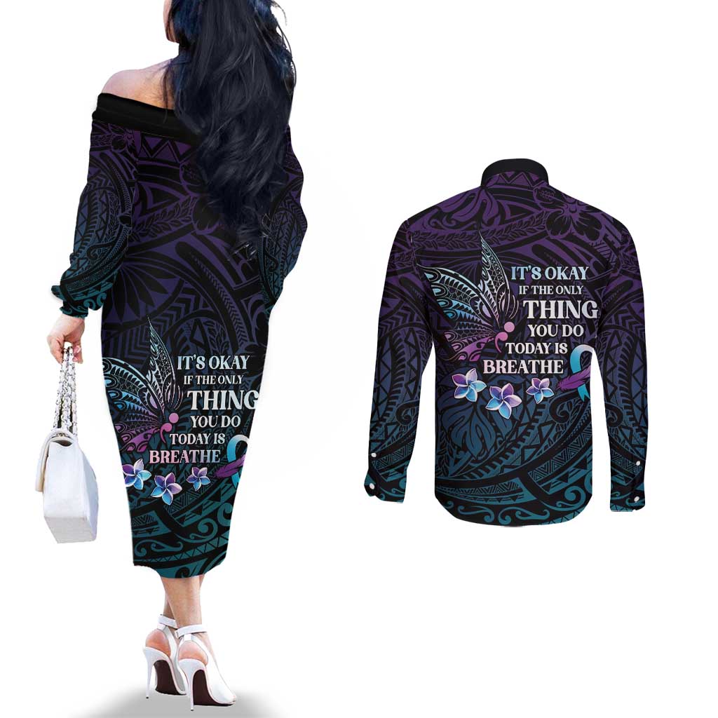 Polynesia Suicide Prevention Awareness Couples Matching Off The Shoulder Long Sleeve Dress and Long Sleeve Button Shirt Keep Going The World Needs You LT05 - Polynesian Pride