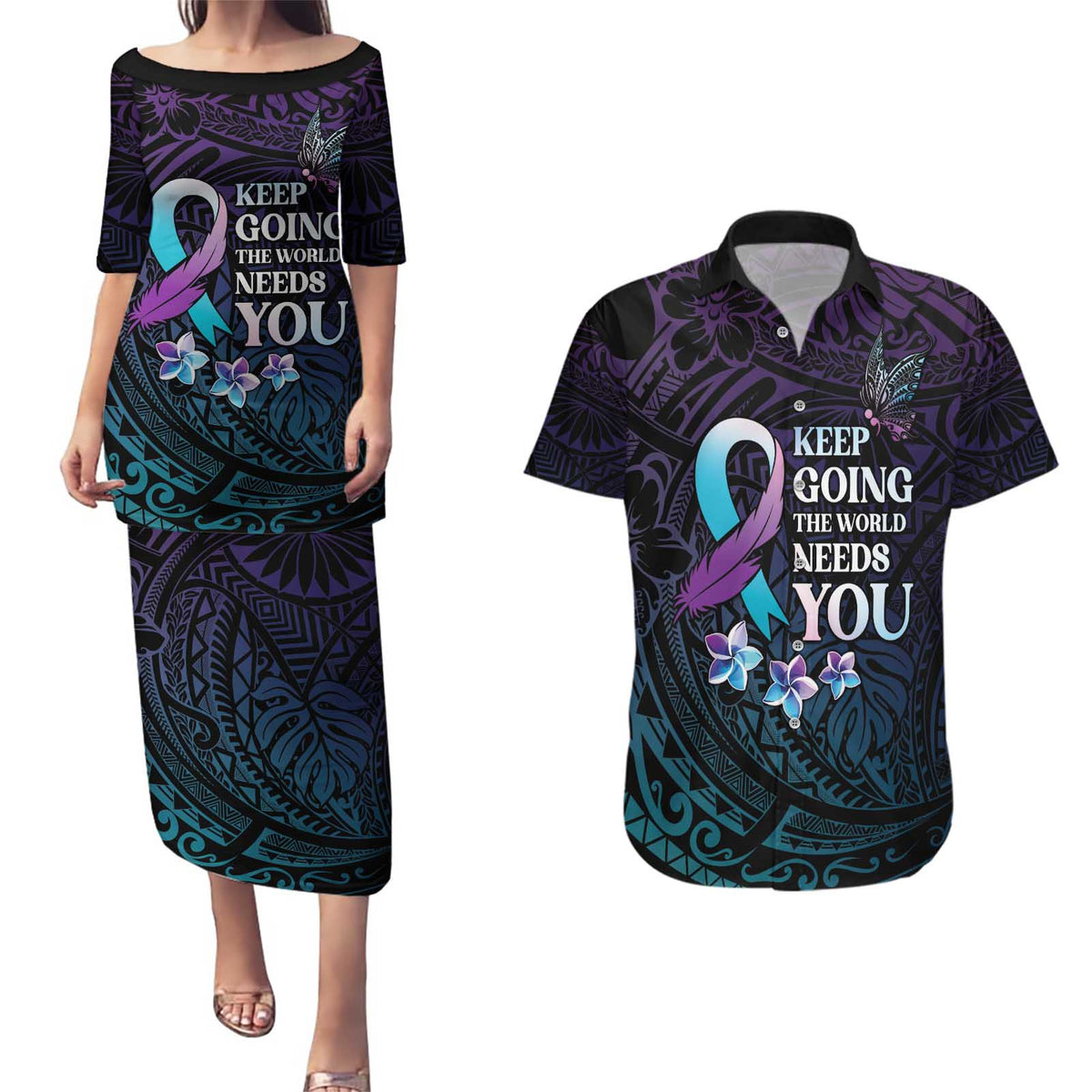 Polynesia Suicide Prevention Awareness Couples Matching Puletasi and Hawaiian Shirt Keep Going The World Needs You LT05 Purple - Polynesian Pride