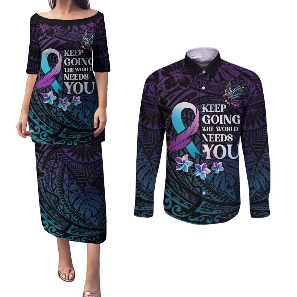Polynesia Suicide Prevention Awareness Couples Matching Puletasi and Long Sleeve Button Shirt Keep Going The World Needs You LT05 Purple - Polynesian Pride