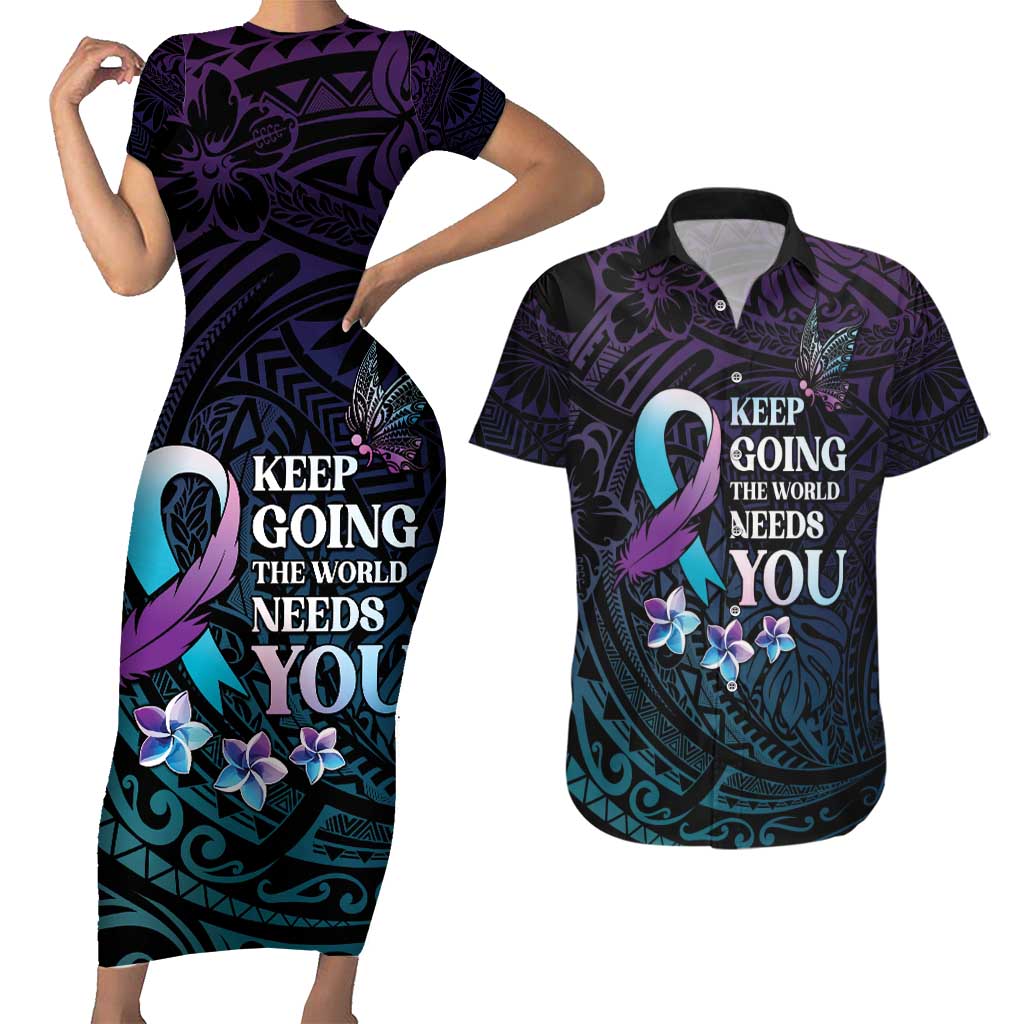 Polynesia Suicide Prevention Awareness Couples Matching Short Sleeve Bodycon Dress and Hawaiian Shirt Keep Going The World Needs You LT05 Purple - Polynesian Pride