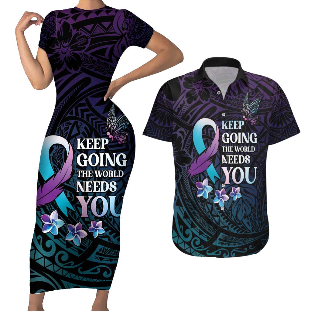 Polynesia Suicide Prevention Awareness Couples Matching Short Sleeve Bodycon Dress and Hawaiian Shirt Keep Going The World Needs You