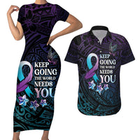 Polynesia Suicide Prevention Awareness Couples Matching Short Sleeve Bodycon Dress and Hawaiian Shirt Keep Going The World Needs You LT05 Purple - Polynesian Pride