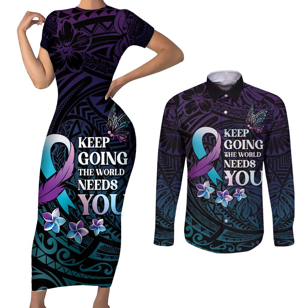 Polynesia Suicide Prevention Awareness Couples Matching Short Sleeve Bodycon Dress and Long Sleeve Button Shirt Keep Going The World Needs You LT05 Purple - Polynesian Pride