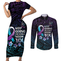 Polynesia Suicide Prevention Awareness Couples Matching Short Sleeve Bodycon Dress and Long Sleeve Button Shirt Keep Going The World Needs You LT05 Purple - Polynesian Pride